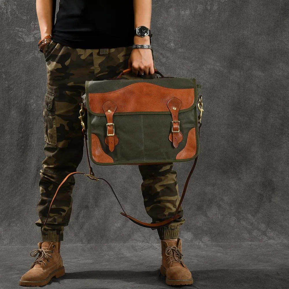 Canvas Leather Mens 14???? Army Green Briefcase Side Bag Retro Messenger Bag Shoulder Bag For Men