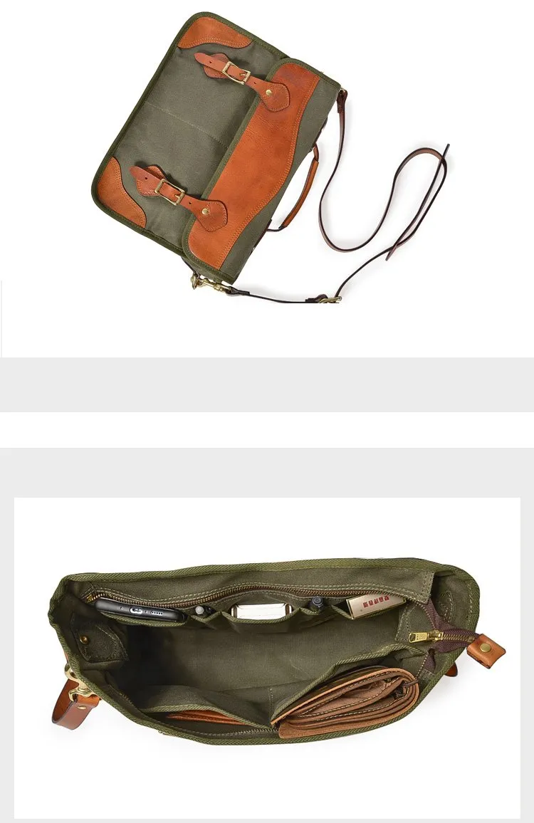 Canvas Leather Mens 14???? Army Green Briefcase Side Bag Retro Messenger Bag Shoulder Bag For Men