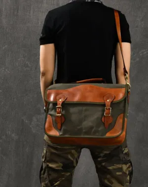 Canvas Leather Mens 14???? Army Green Briefcase Side Bag Retro Messenger Bag Shoulder Bag For Men