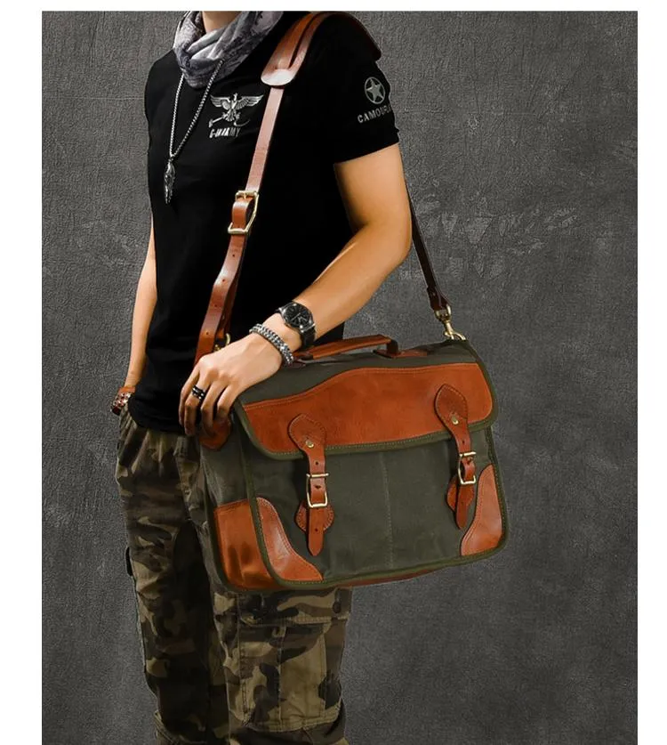 Canvas Leather Mens 14???? Army Green Briefcase Side Bag Retro Messenger Bag Shoulder Bag For Men