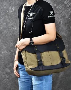 Canvas Leather Mens Army Green Postman Side Bag 14'' Black Messenger Bag Large Shoulder Bag For Men
