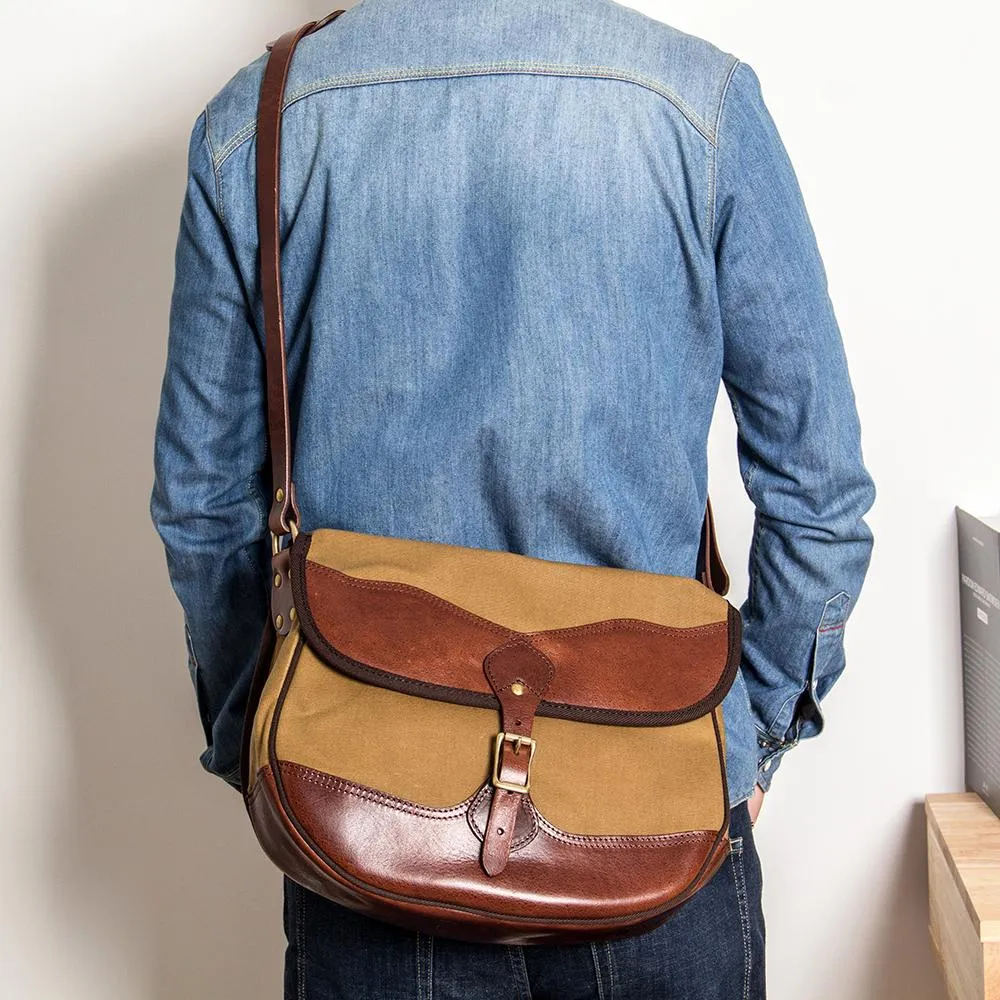 Canvas Leather Mens Casual Khaki Shoulder Bag Saddle Courier Bag Side Bag Messenger Bag for Men