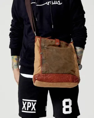 Canvas Leather Mens Distressed Brown Vertical Side Bag Messenger Bag Canvas Courier Bag for Men