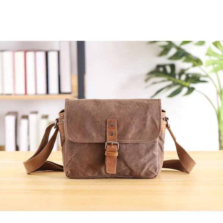 Canvas Leather Mens DSLR Camera Bag Side Bag Green Small Messenger Bag for Men