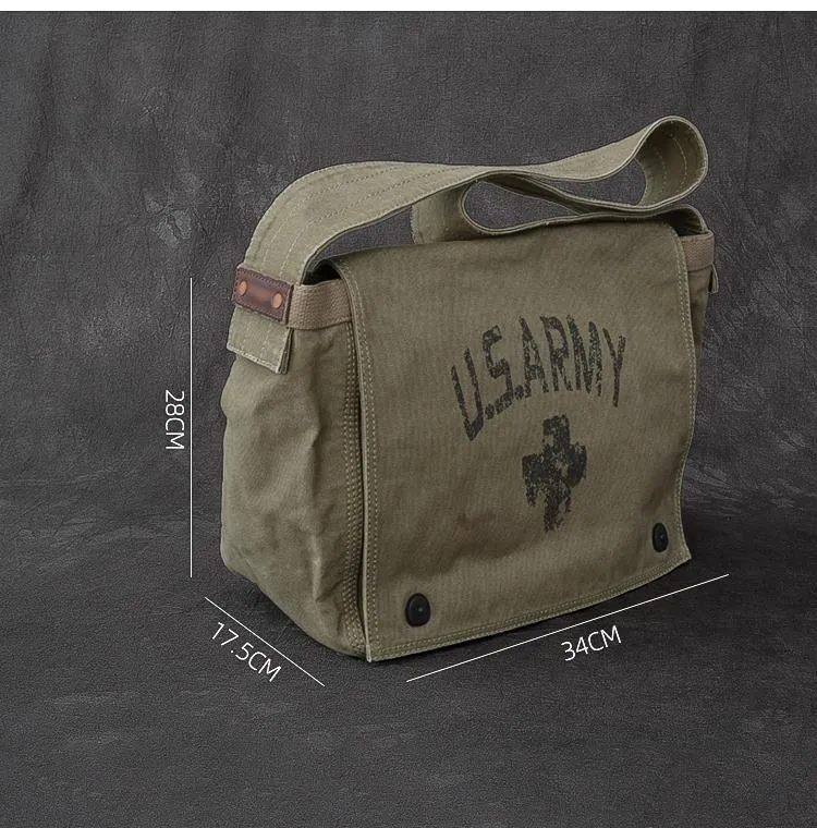 Canvas Leather Mens Large Brown Side Bag 14'' Army Green Messenger Bag Postman Bag For Men