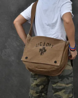Canvas Leather Mens Large Brown Side Bag 14'' Army Green Messenger Bag Postman Bag For Men