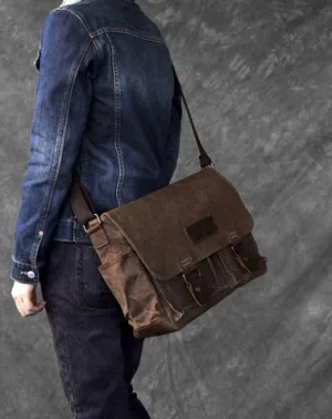 Canvas Leather Mens Large Brown Side Bag 14'' Khaki Messenger Bag Brown Postman Bag For Men