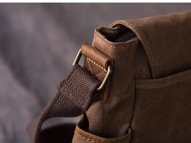 Canvas Leather Mens Large Brown Side Bag 14'' Khaki Messenger Bag Brown Postman Bag For Men