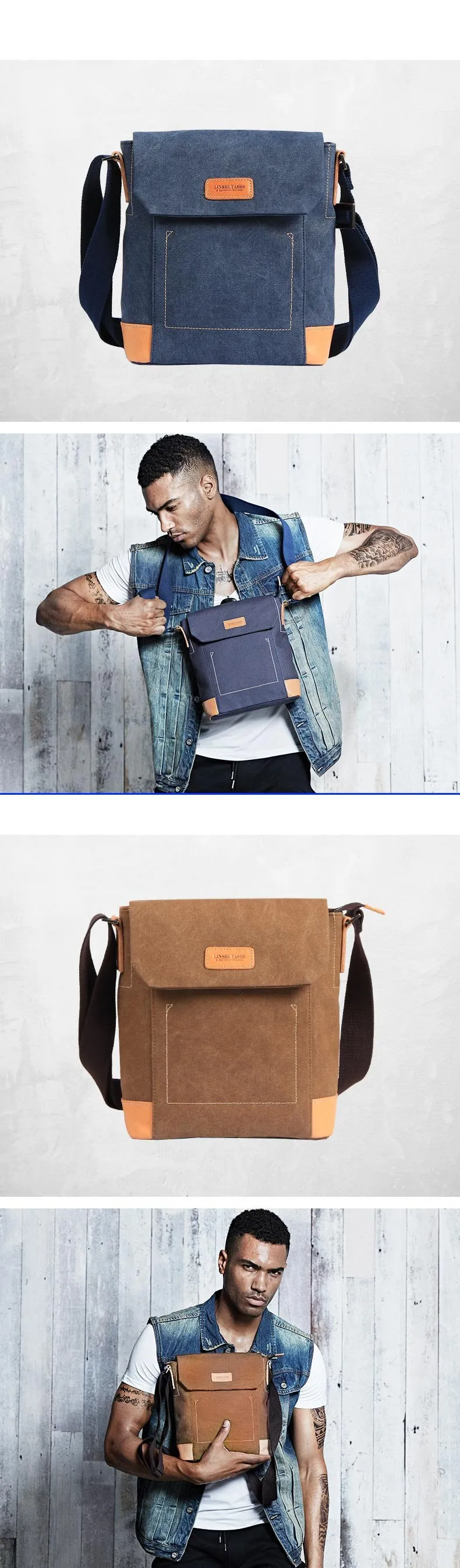 Canvas Leather Mens Vertical Side Bag Small Messenger Bags Khaki Canvas Courier Bags for Men
