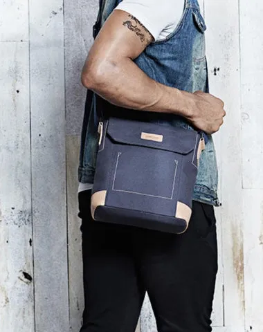 Canvas Leather Mens Vertical Side Bag Small Messenger Bags Khaki Canvas Courier Bags for Men