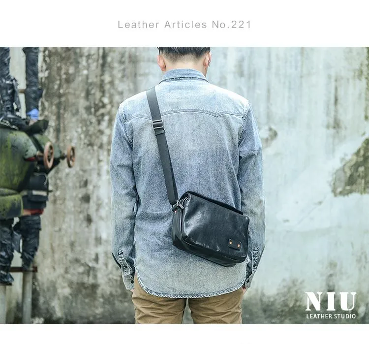 Casual Black Leather Mens 10 inches Side Bag Small Messenger Bag Black Postman Bag For Men