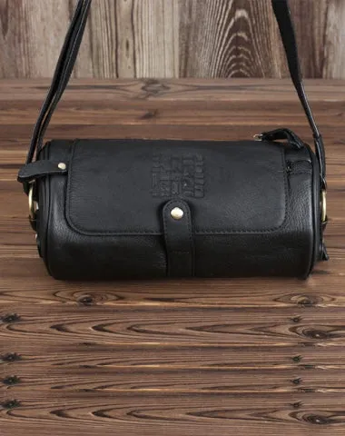 Casual Black Leather Mens Barrel Postman Bag Side Bag Bucket Messenger Bag For Men