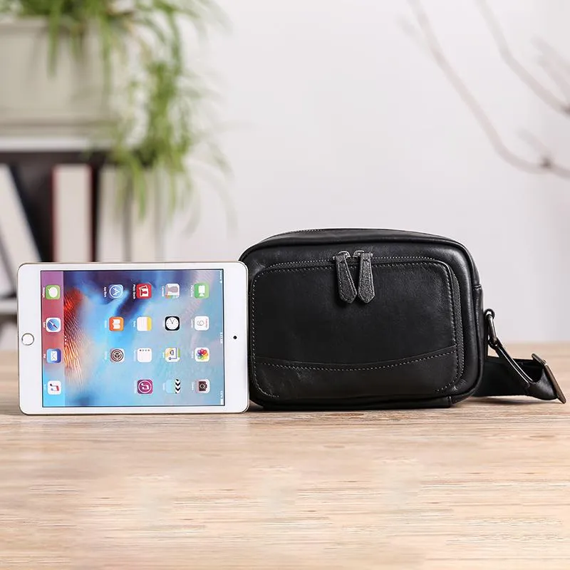 Casual Black Leather MENS Small Side Bags Black Messenger Bag Leather Courier Bag For Men