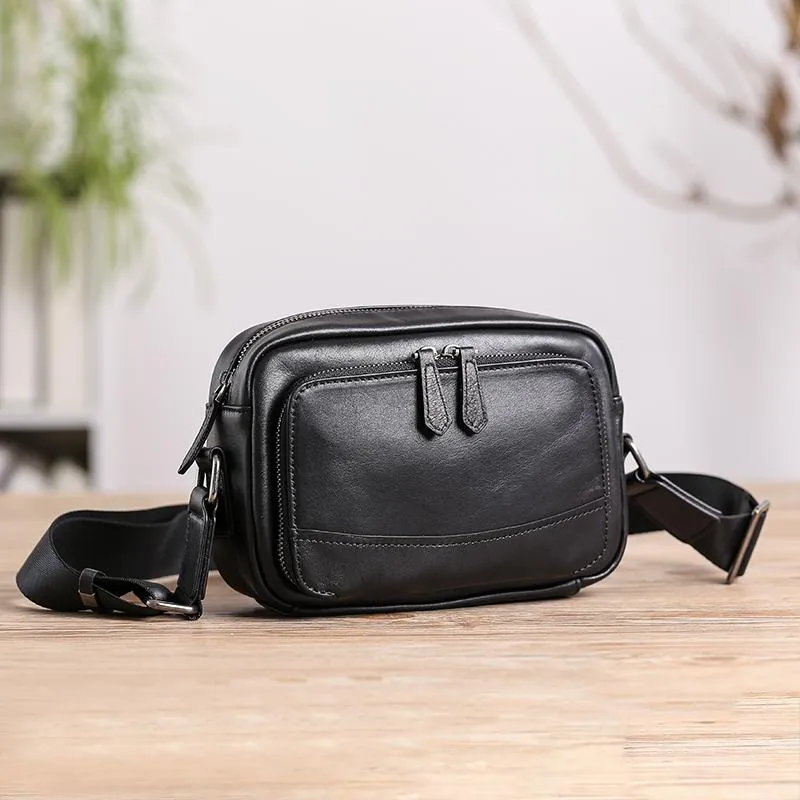 Casual Black Leather MENS Small Side Bags Black Messenger Bag Leather Courier Bag For Men