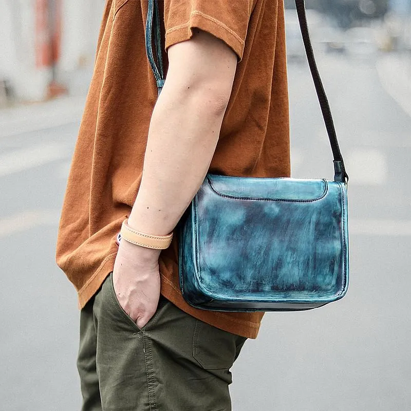 Casual Small Leather Mens Blue Side Bag Postman Bag Blue Messenger Bag For Men
