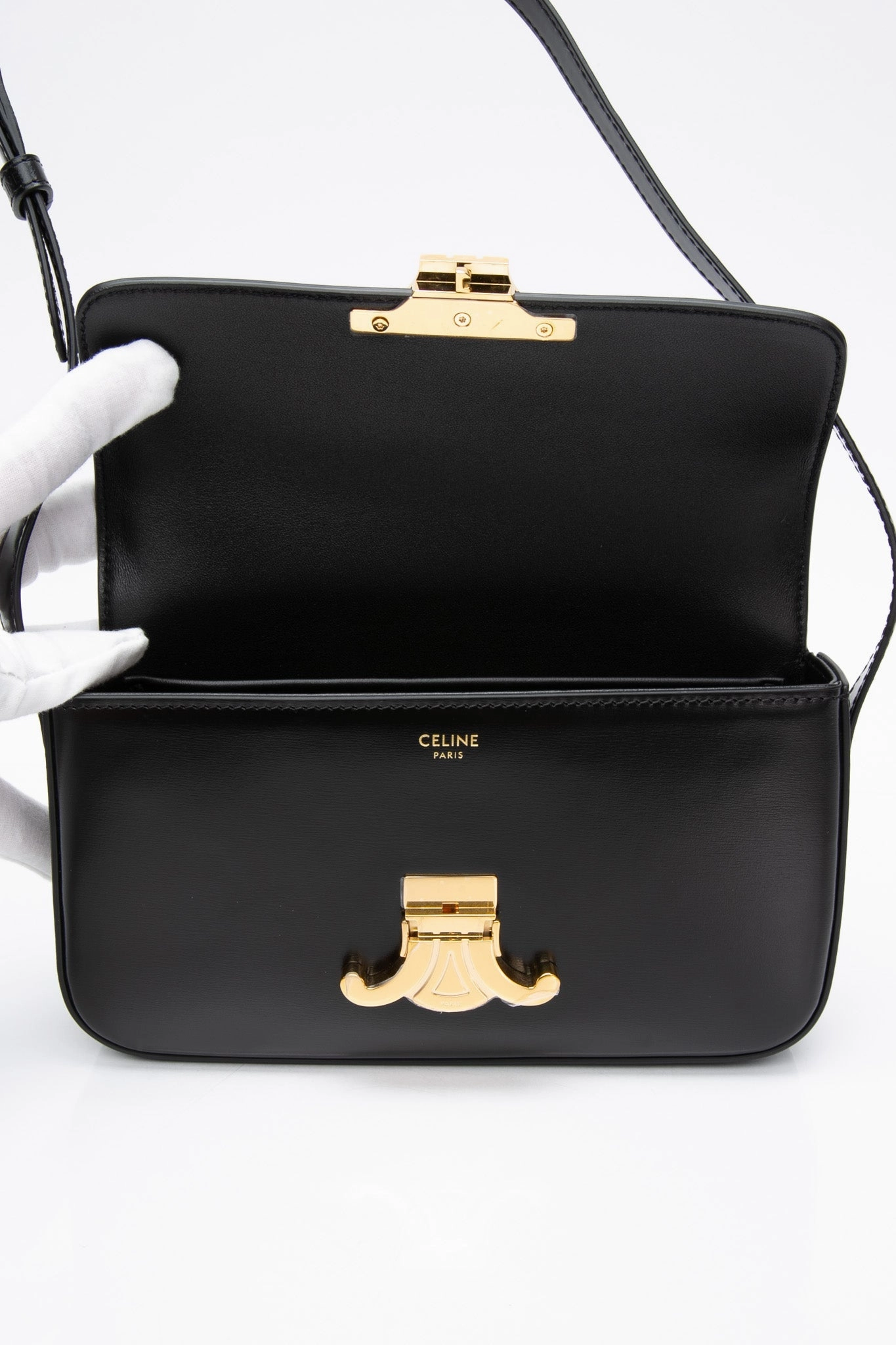 CELINE Black Shiny Calfskin Claude Triomphe Shoulder Bag (New)