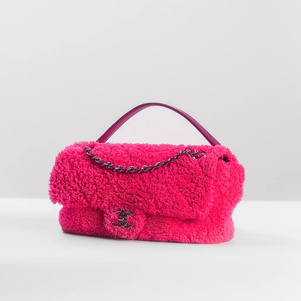CHANEL - BAG COCO BEACH MEDIUM QUILTED FLAP FUCHSIA TERRY CLOTH TIMELESS