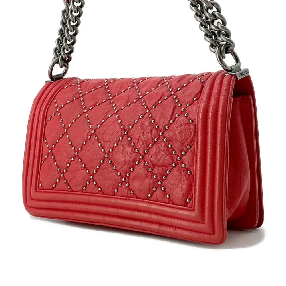 CHANEL Boy Chanel ChainShoulder Studded Red A67086 Vintage calf Size 25