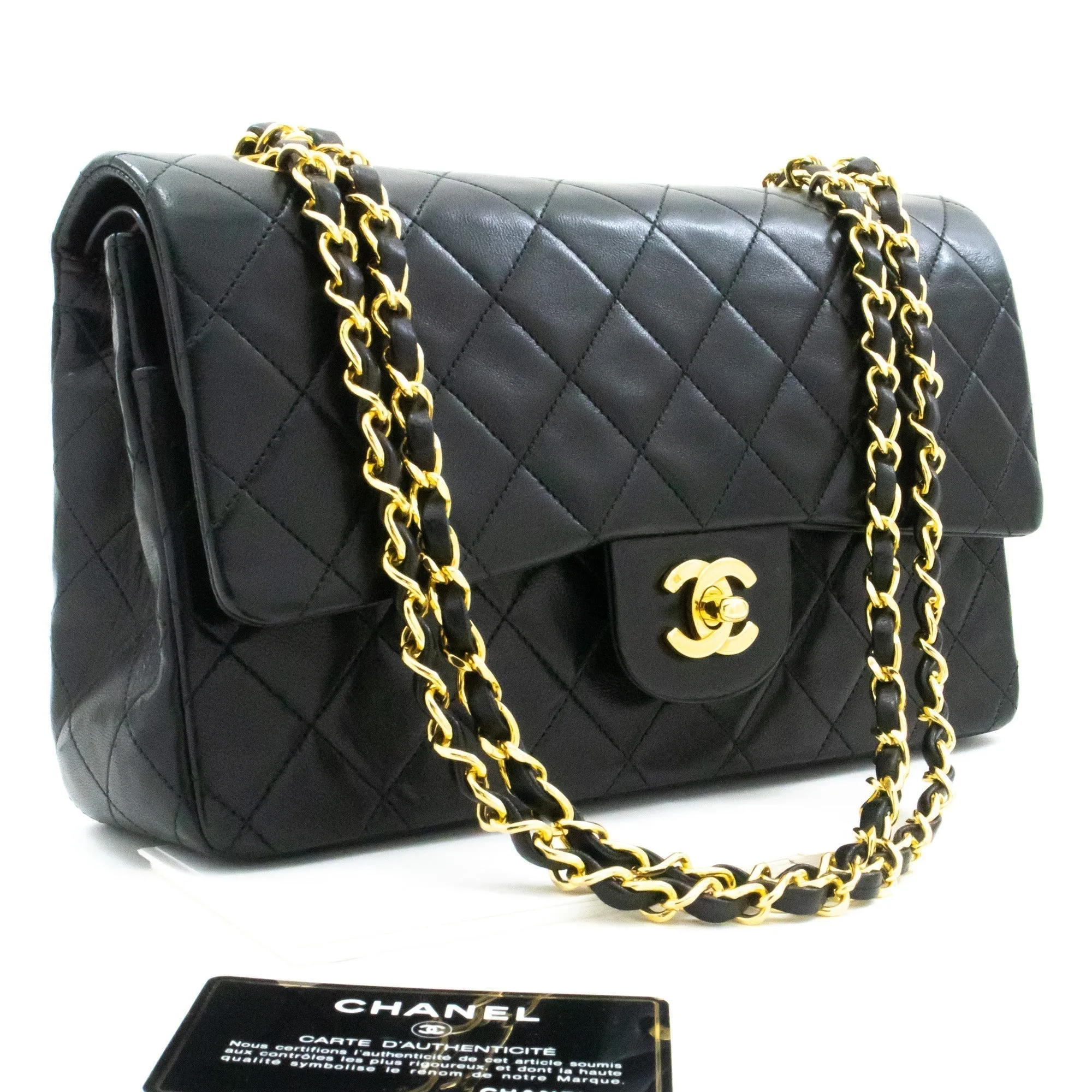 CHANEL Classic Double Flap 10" Chain Shoulder Bag Black Lambskin k60