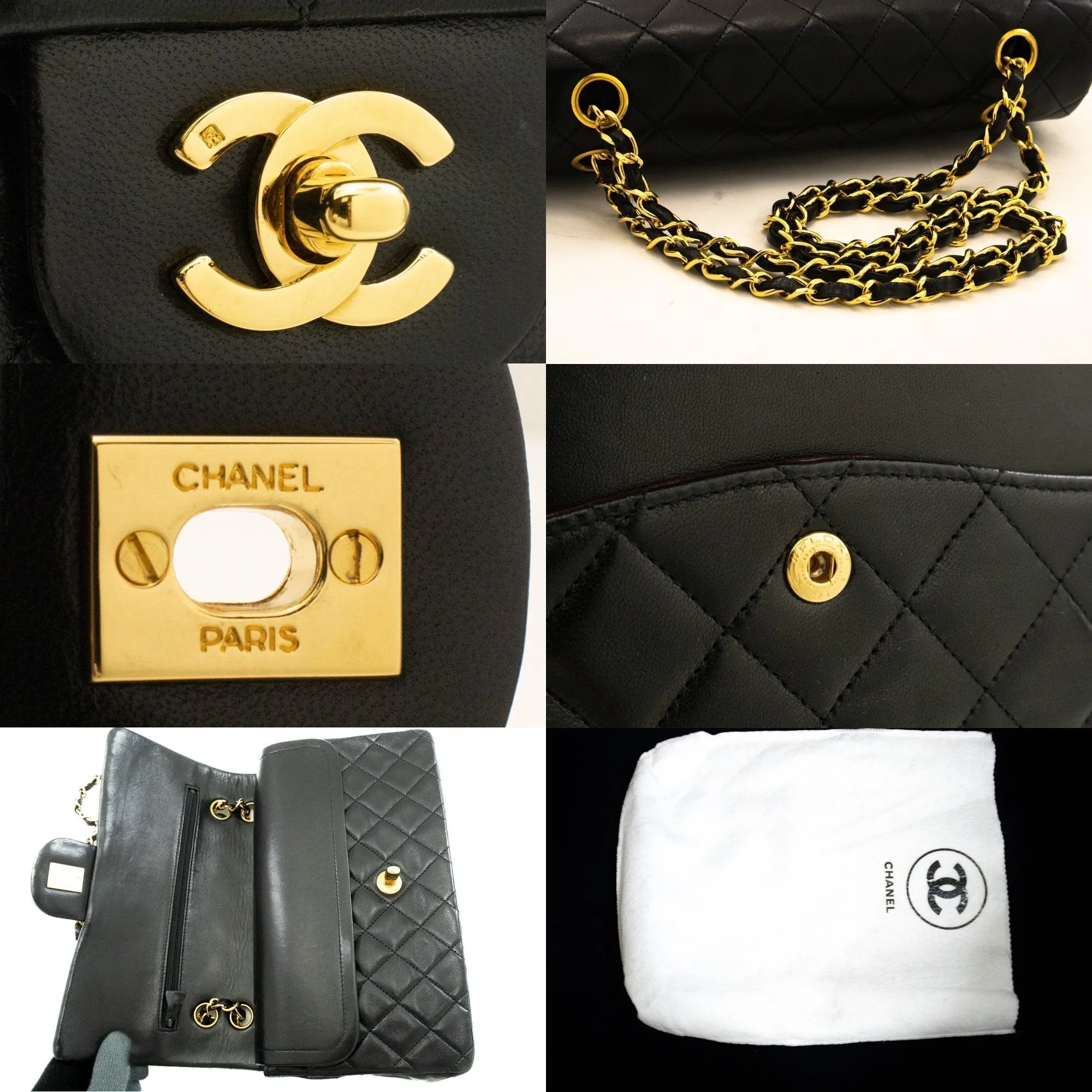 CHANEL Classic Double Flap 10" Chain Shoulder Bag Black Lambskin k60