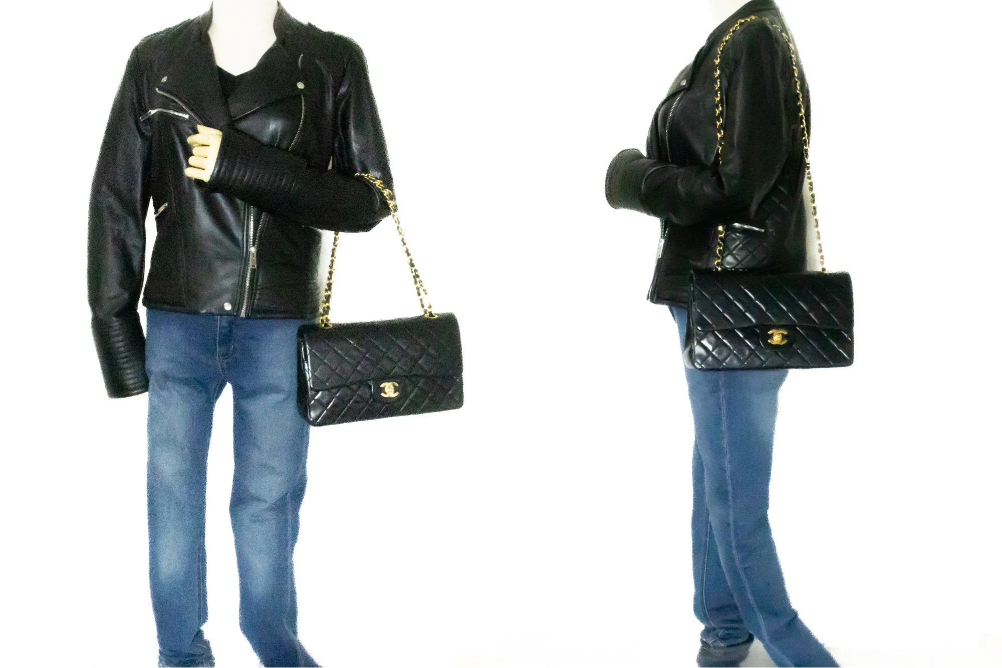 CHANEL Classic Double Flap 10" Chain Shoulder Bag Black Lambskin k60