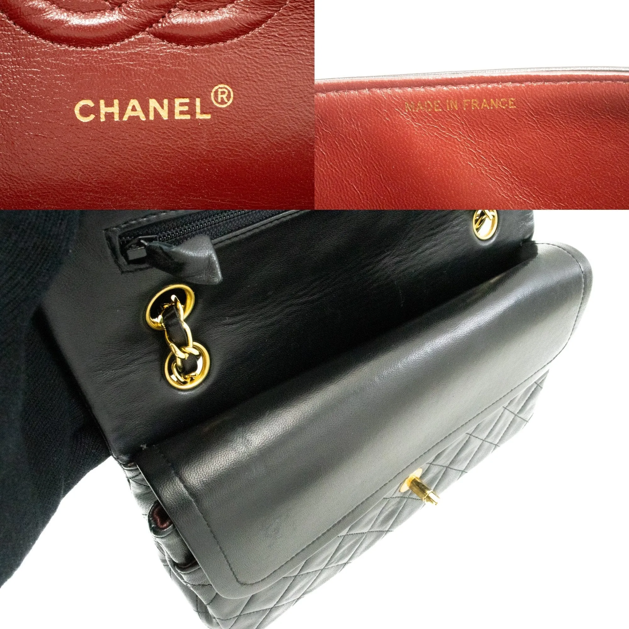 CHANEL Classic Double Flap 10" Chain Shoulder Bag Black Lambskin k60