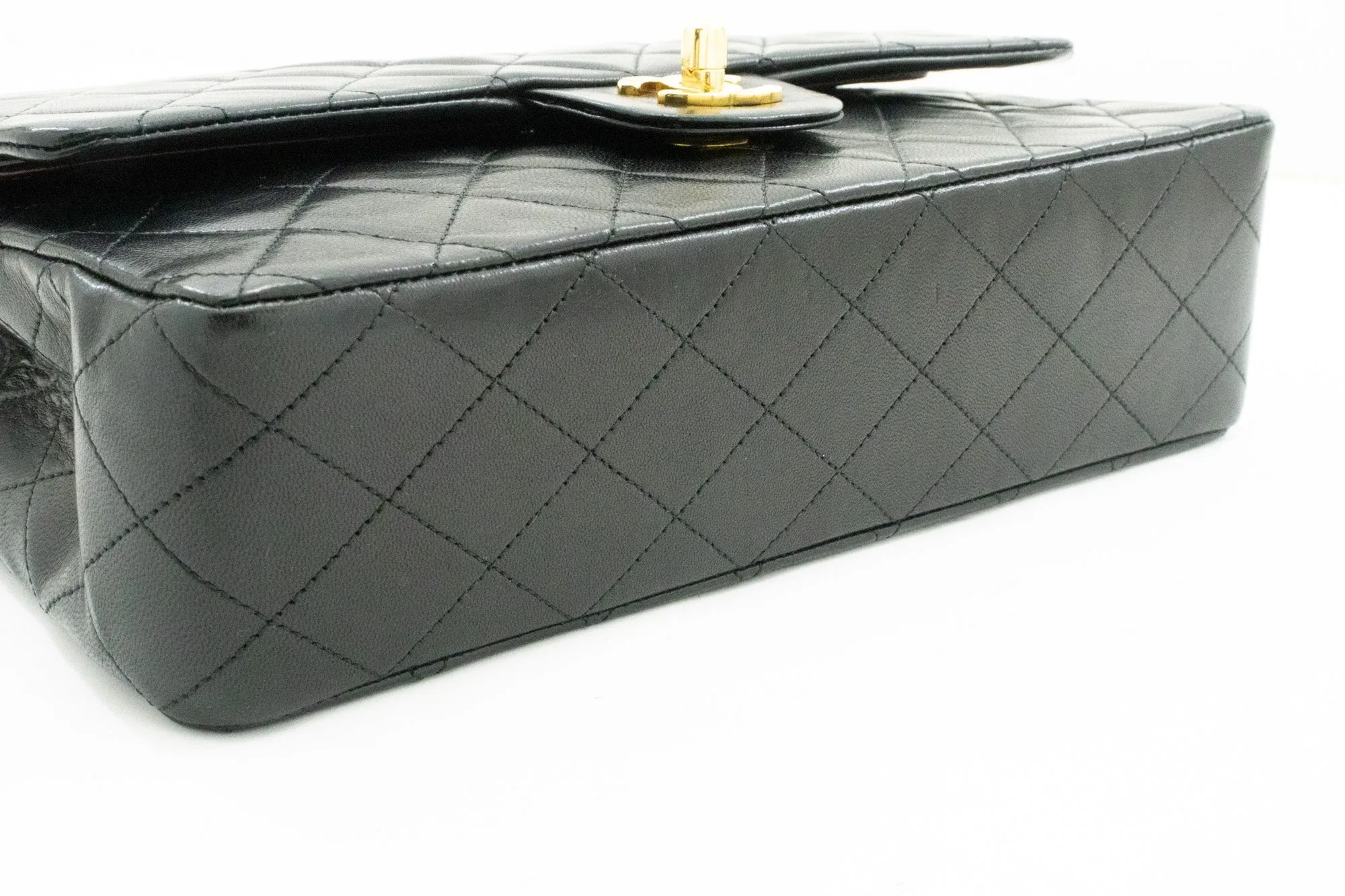 CHANEL Classic Double Flap 10" Chain Shoulder Bag Black Lambskin k60
