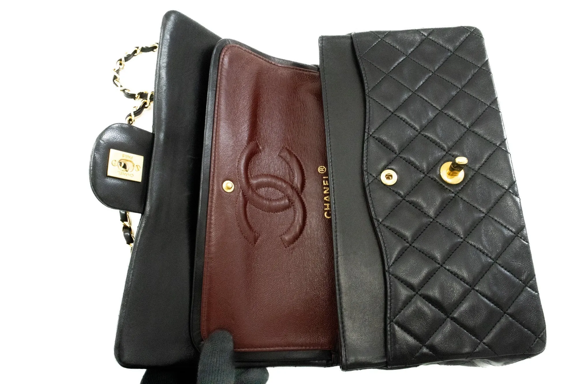 CHANEL Classic Double Flap 10" Chain Shoulder Bag Black Lambskin k60