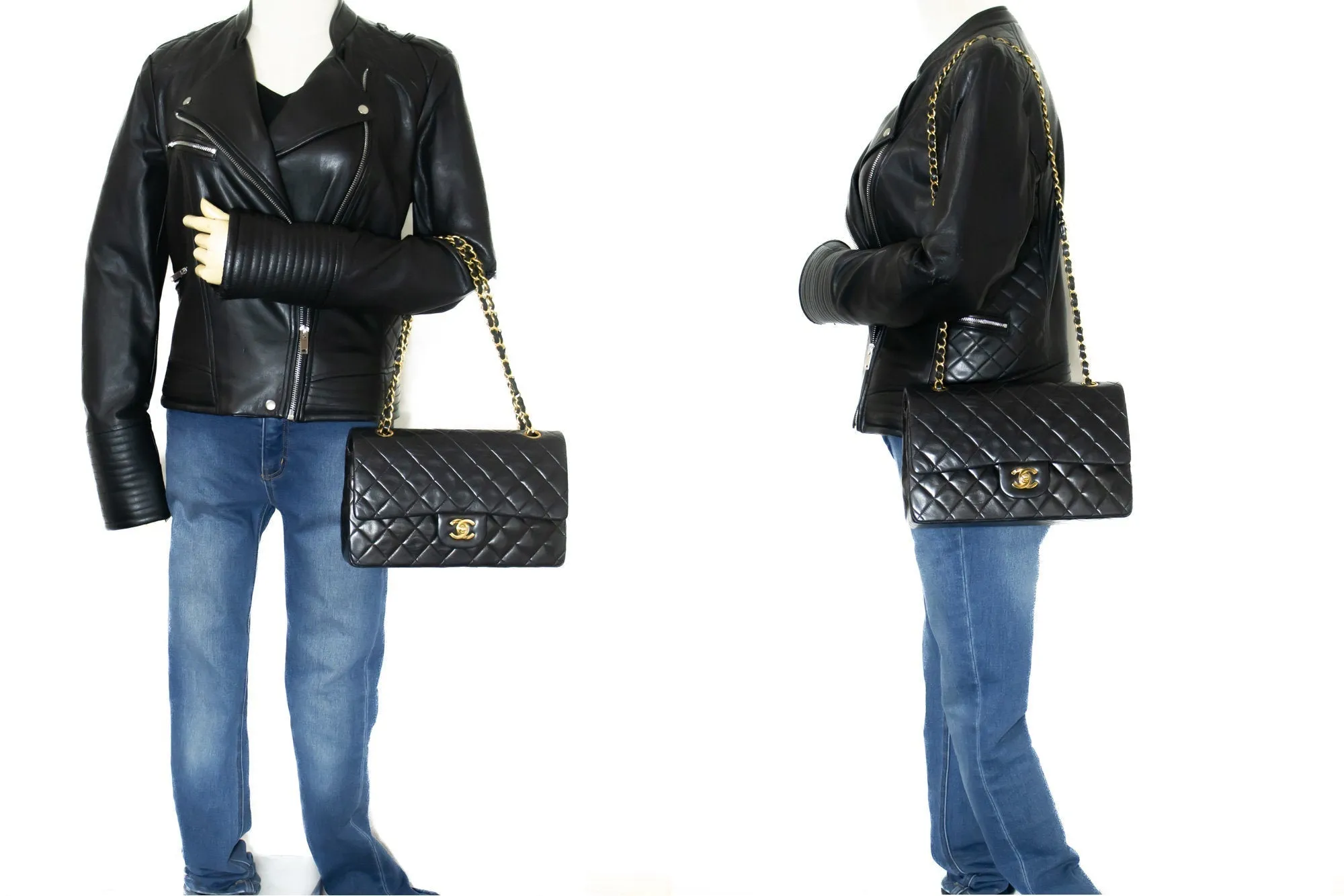 CHANEL Classic Double Flap 10" Chain Shoulder Bag Black Lambskin k71