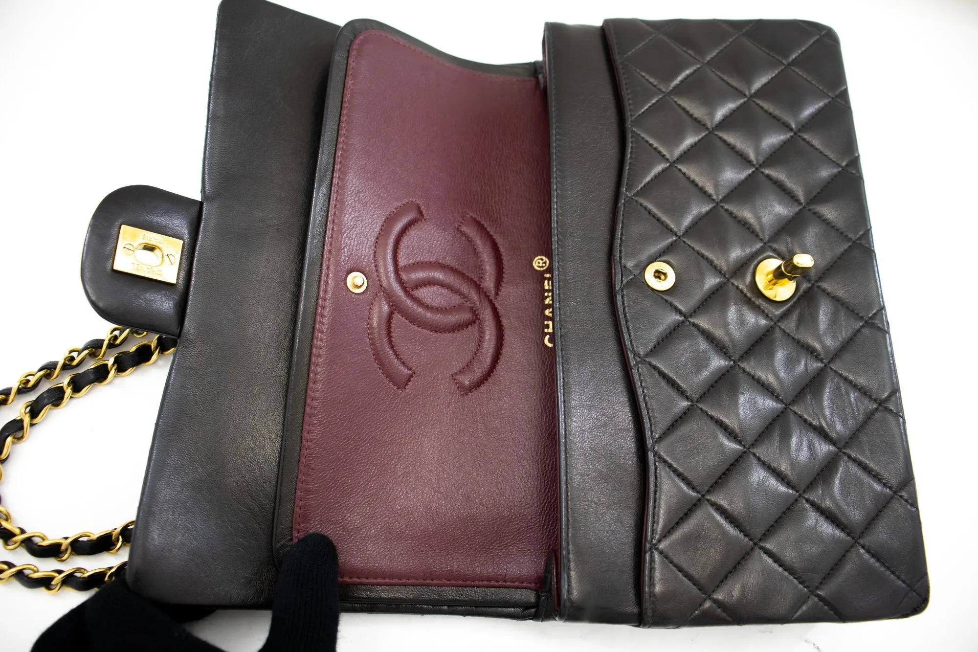 CHANEL Classic Double Flap 10" Chain Shoulder Bag Black Lambskin k71
