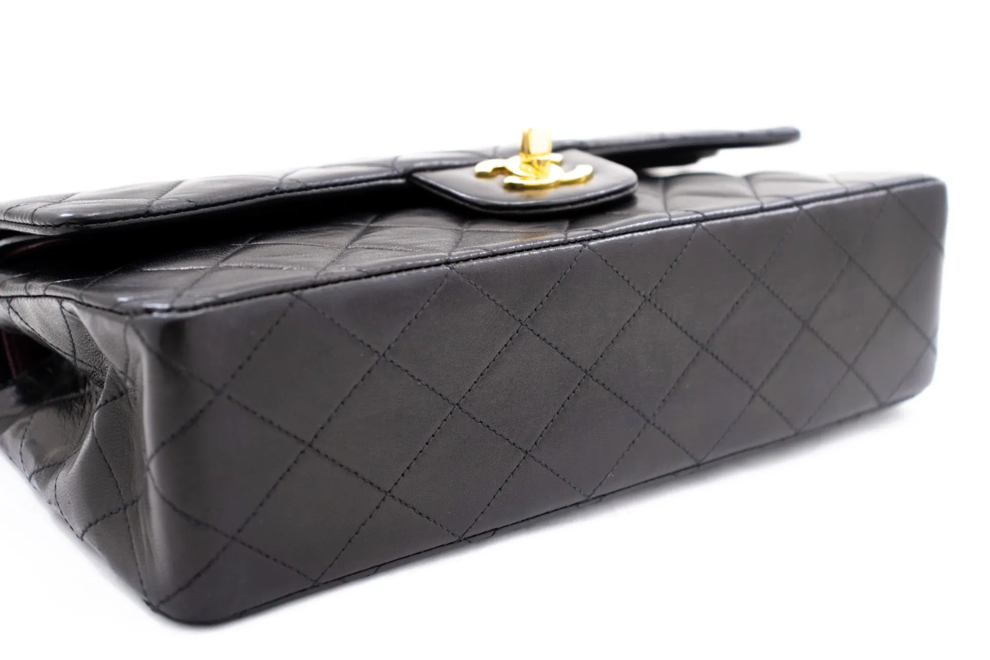 CHANEL Classic Double Flap 10" Chain Shoulder Bag Black Lambskin k71