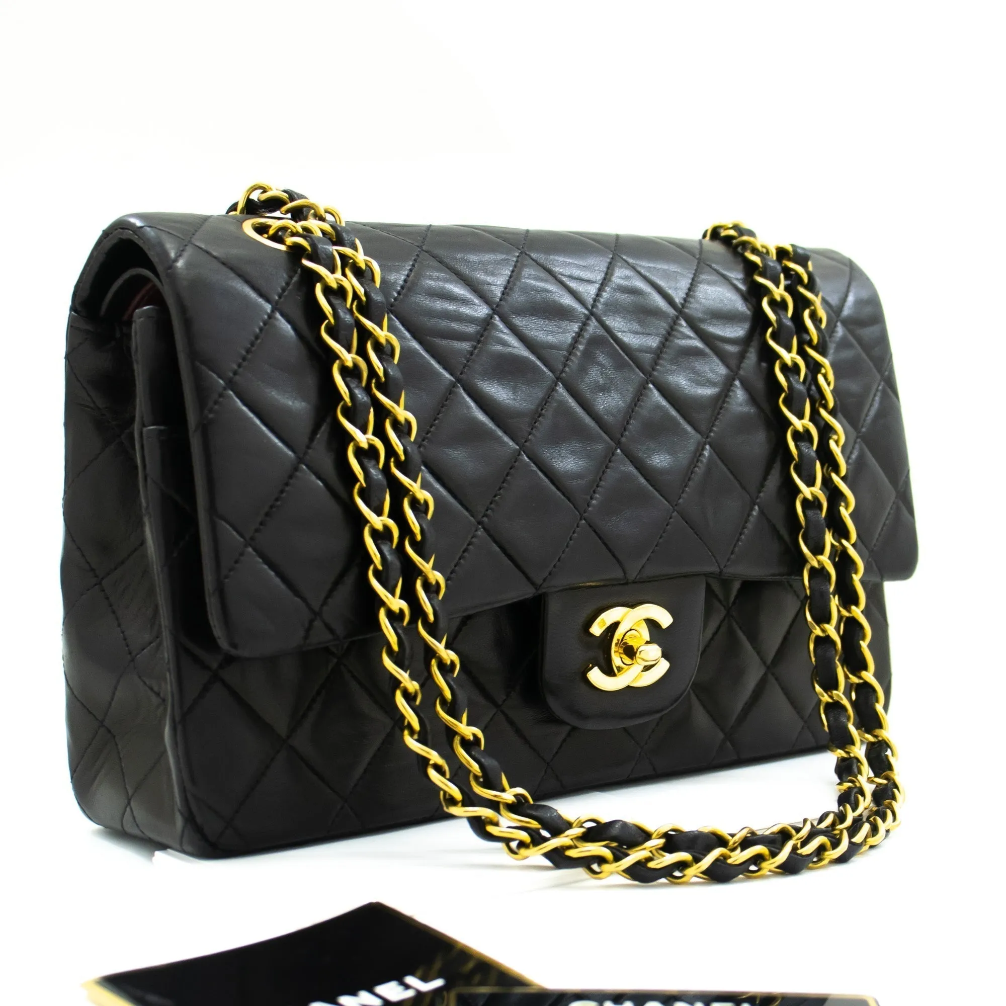 CHANEL Classic Double Flap 10" Chain Shoulder Bag Black Lambskin k71