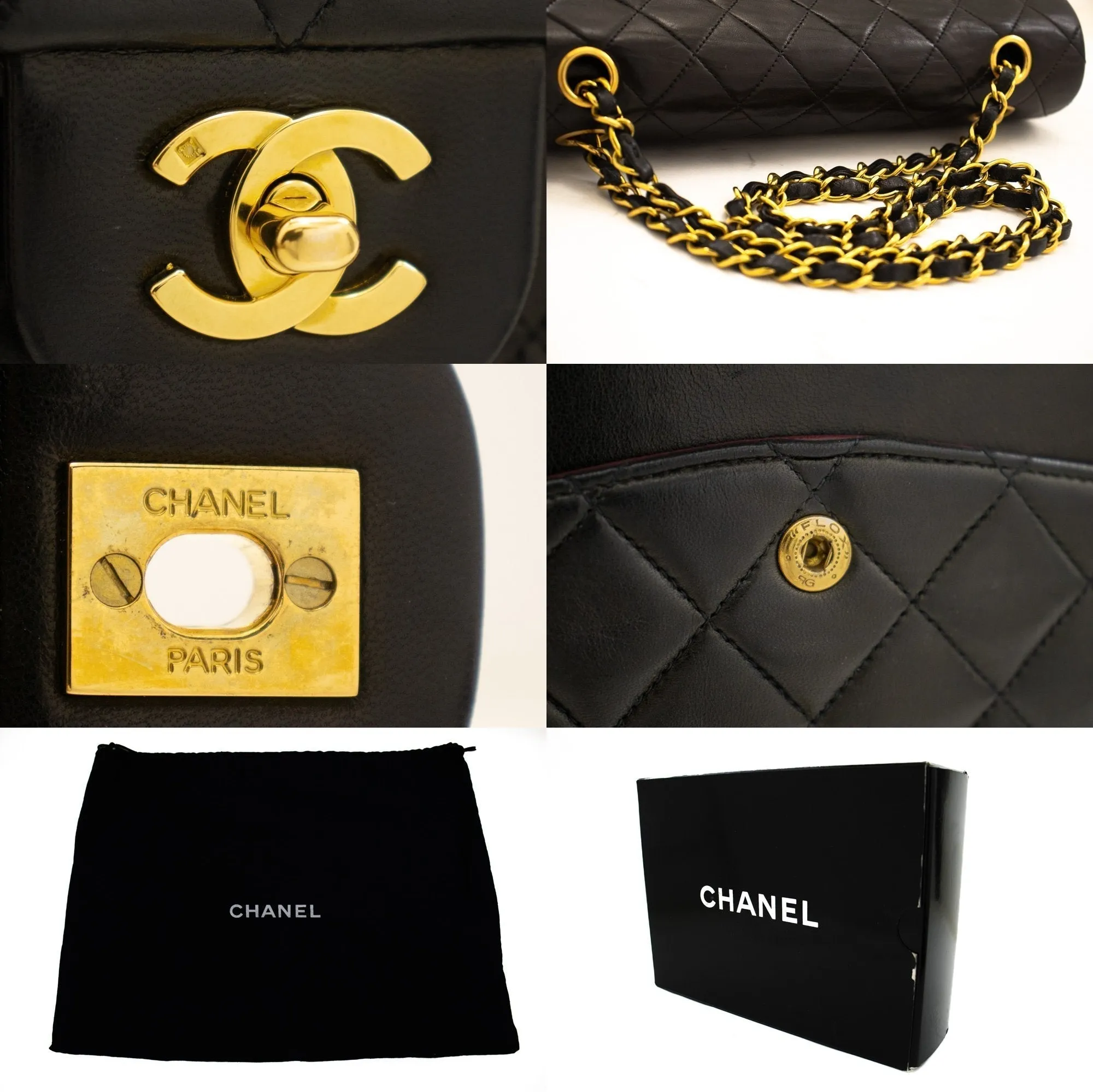 CHANEL Classic Double Flap 10" Chain Shoulder Bag Black Lambskin k71