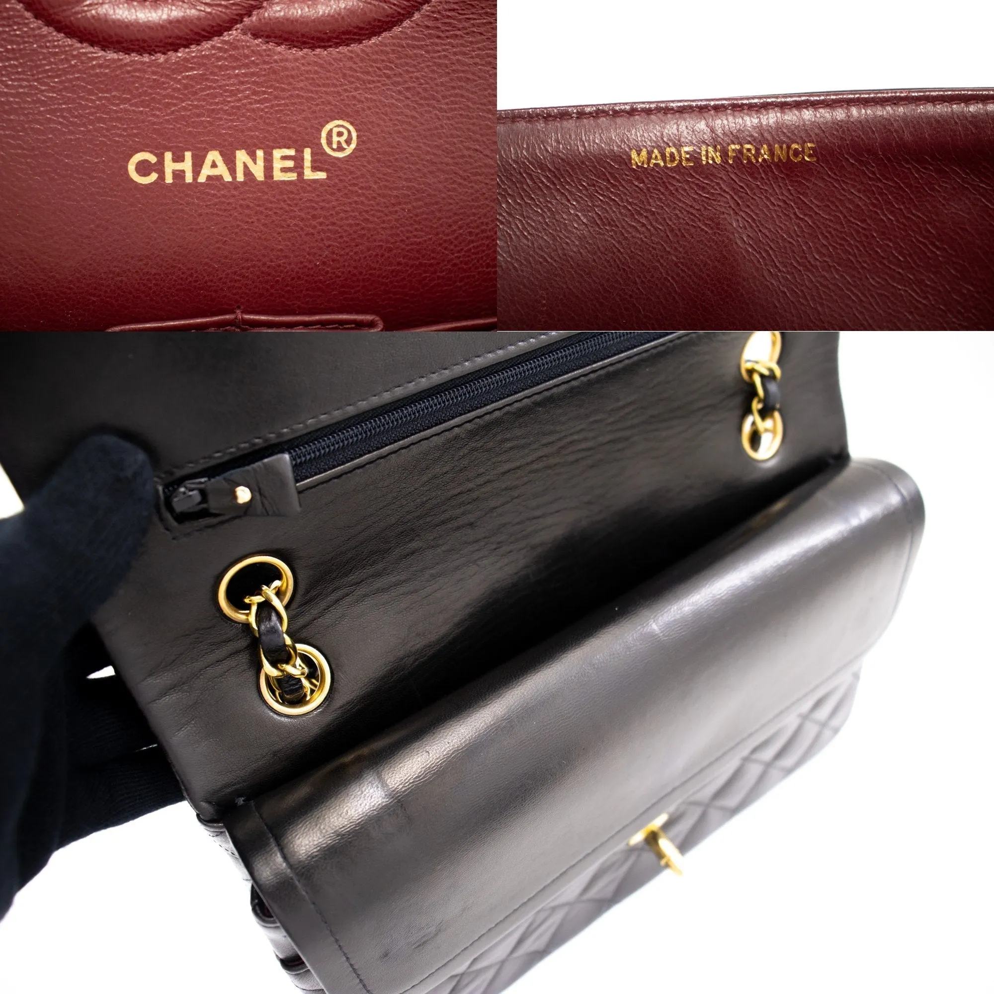 CHANEL Classic Double Flap 10" Chain Shoulder Bag Black Lambskin k71