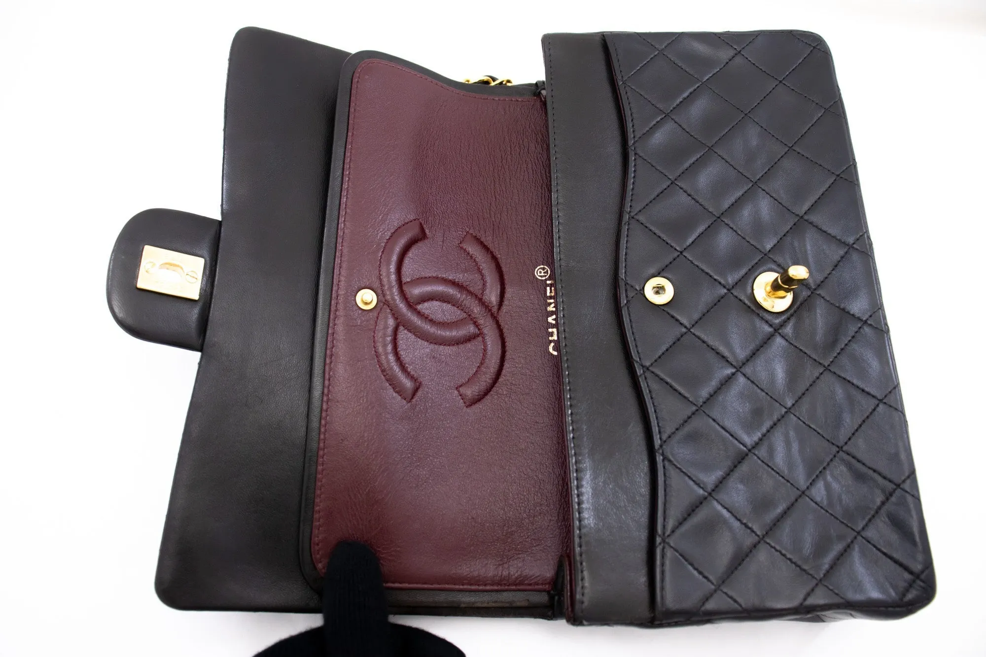 CHANEL Classic Double Flap Medium Chain Shoulder Bag Black Lamb k86