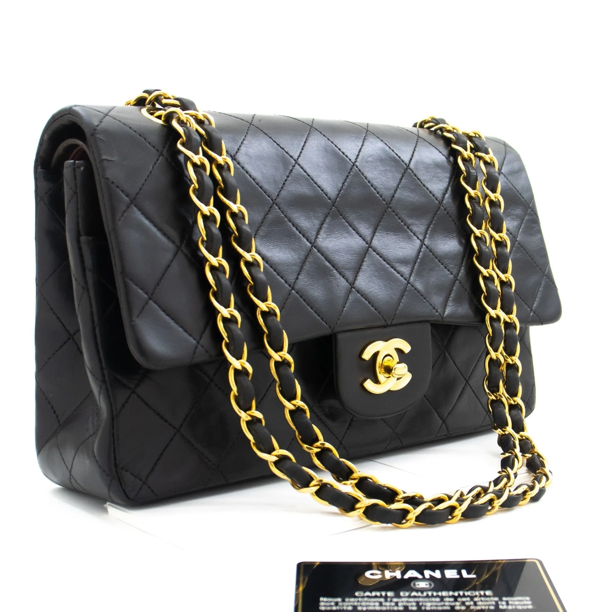 CHANEL Classic Double Flap Medium Chain Shoulder Bag Black Lamb k86