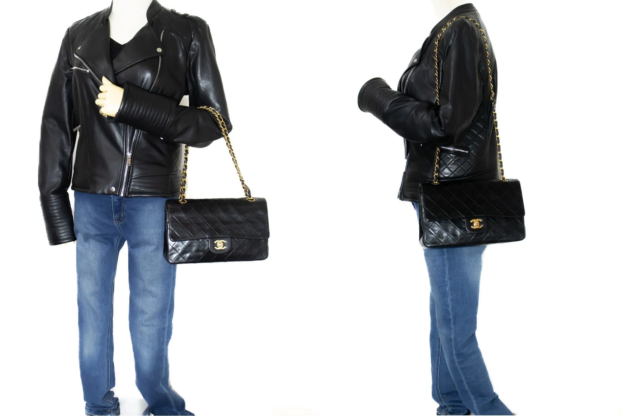 CHANEL Classic Double Flap Medium Chain Shoulder Bag Black Lamb k86