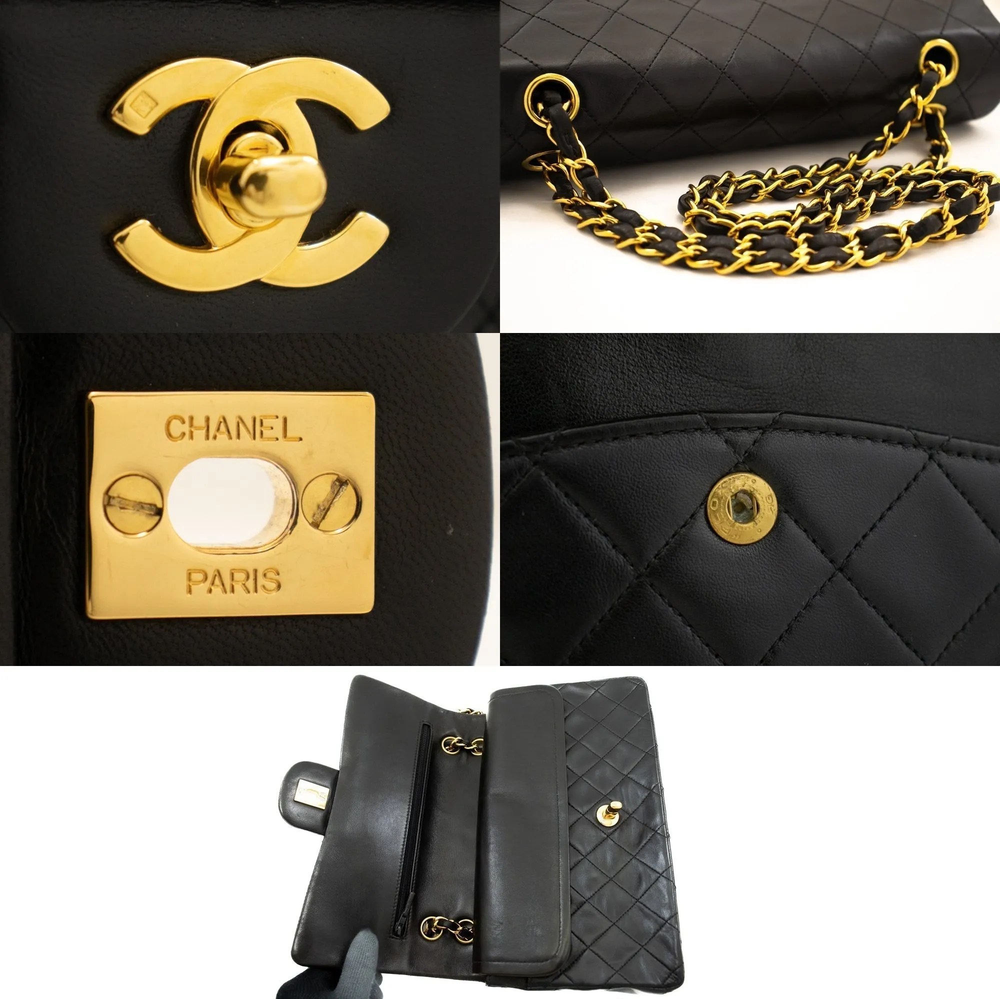 CHANEL Classic Double Flap Medium Chain Shoulder Bag Black Lamb k86
