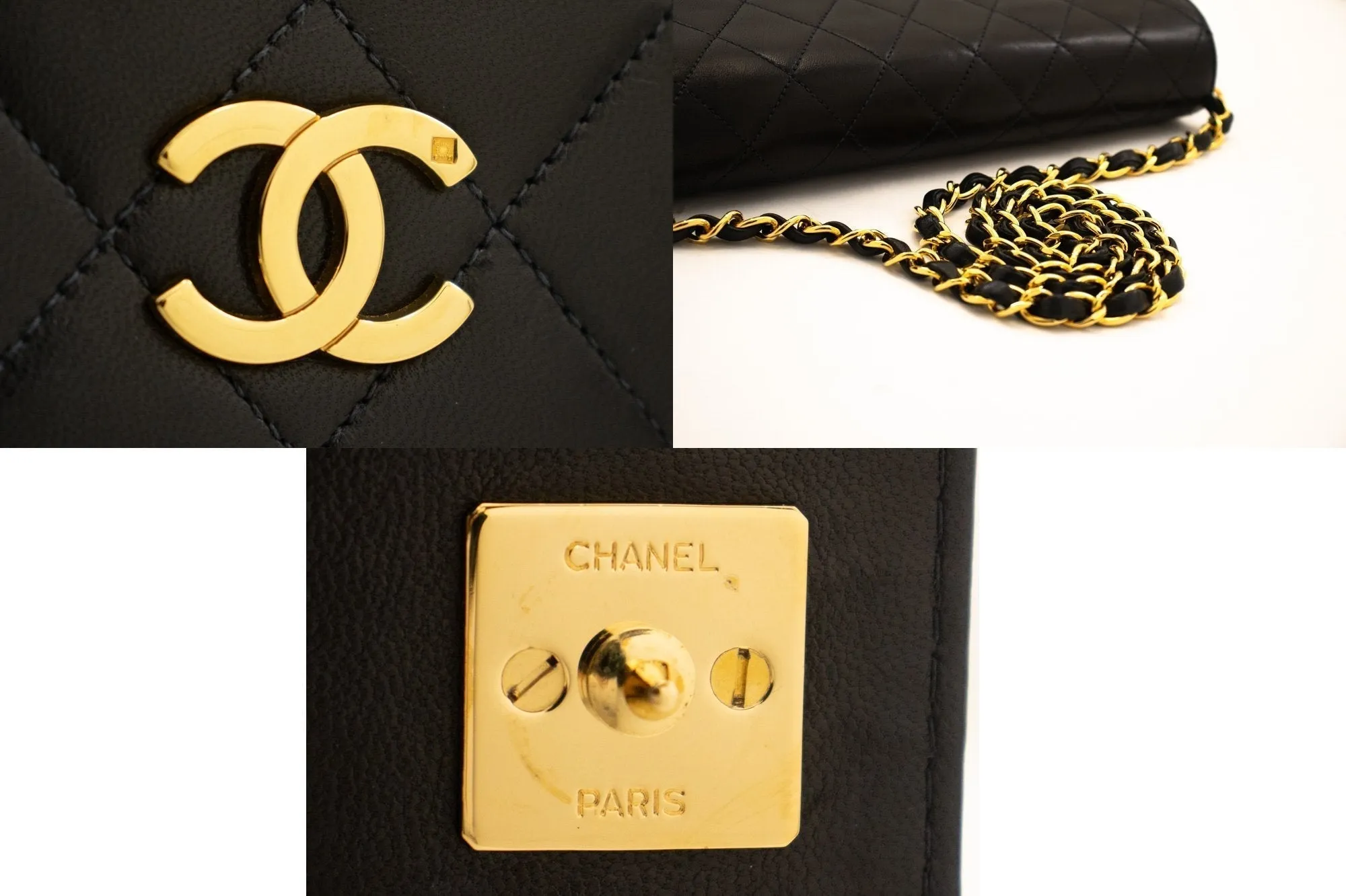 CHANEL Full Flap Chain Shoulder Bag Clutch Black Quilted Lambskin k78