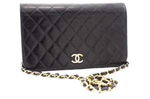 CHANEL Full Flap Chain Shoulder Bag Clutch Black Quilted Lambskin k78