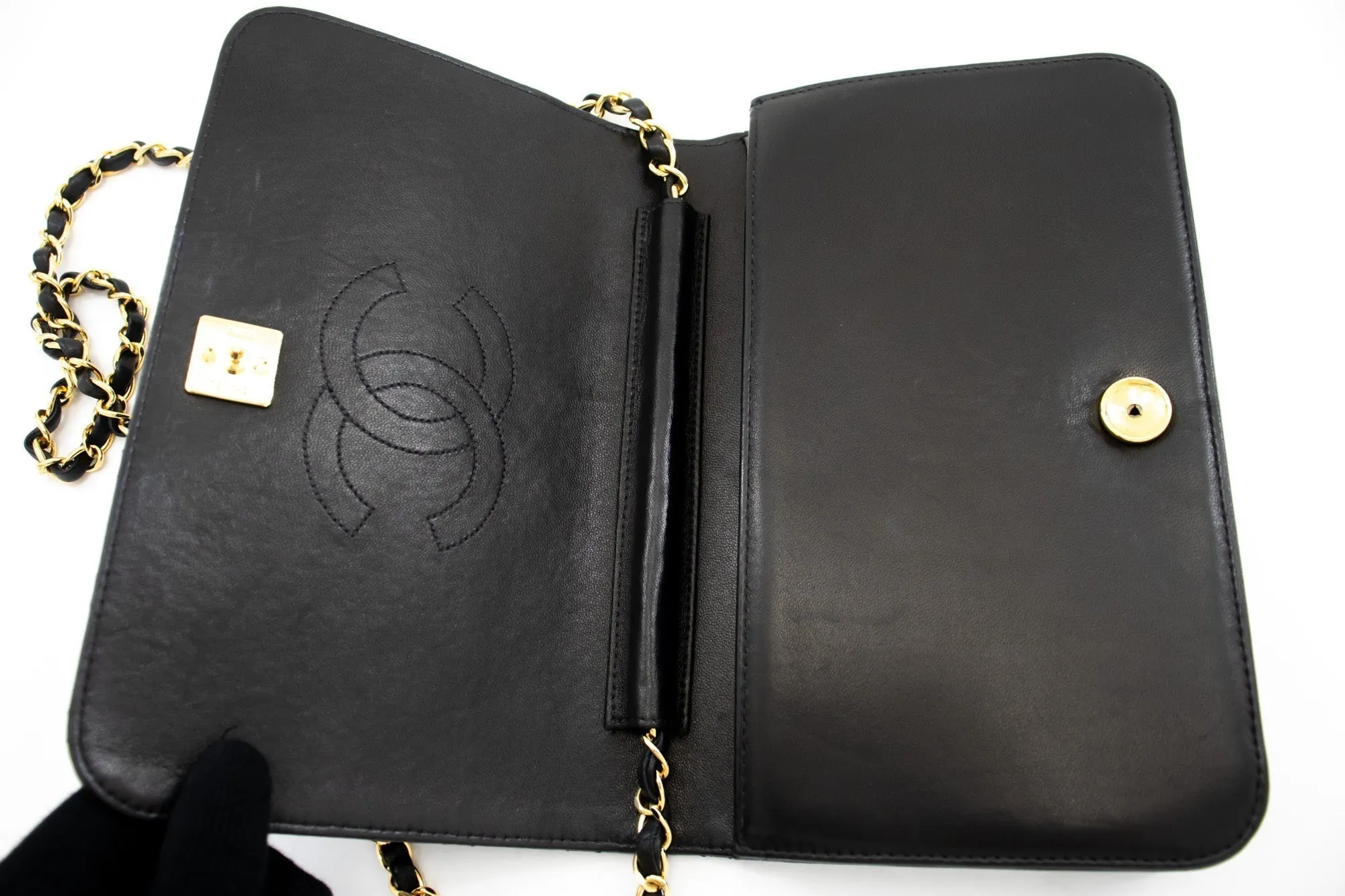 CHANEL Full Flap Chain Shoulder Bag Clutch Black Quilted Lambskin k78