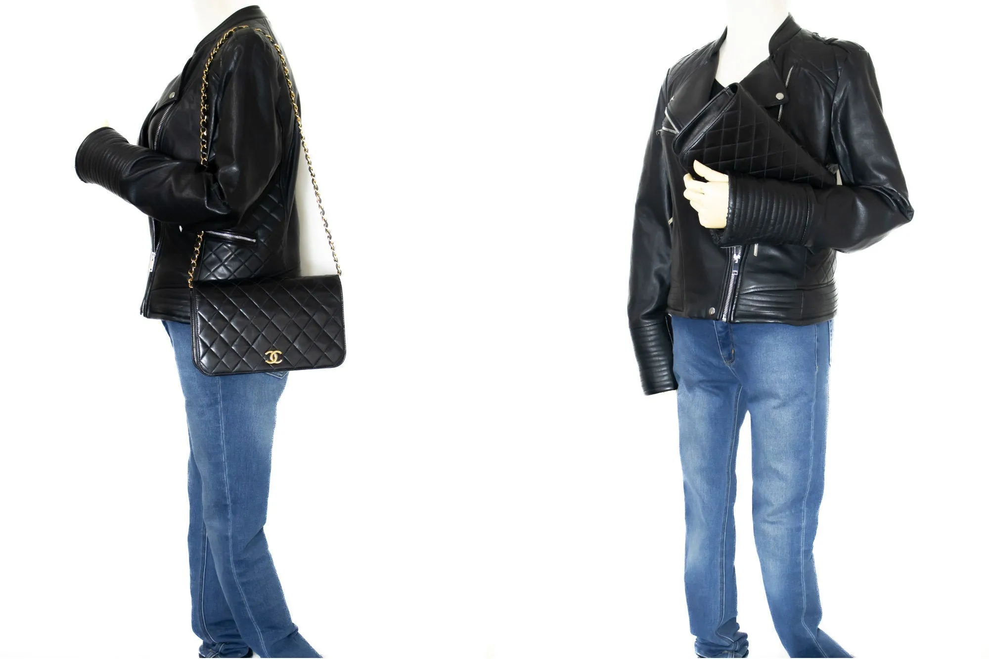 CHANEL Full Flap Chain Shoulder Bag Clutch Black Quilted Lambskin k78