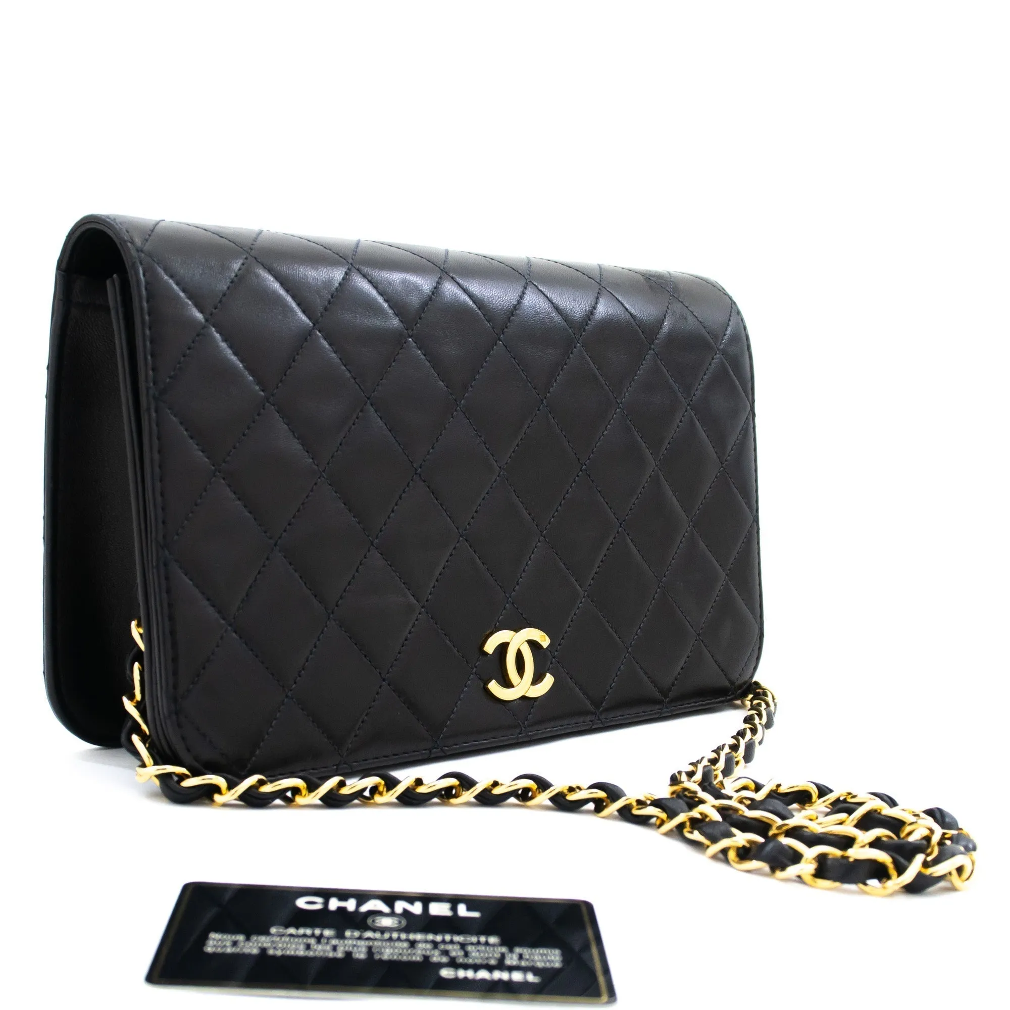 CHANEL Full Flap Chain Shoulder Bag Clutch Black Quilted Lambskin k78