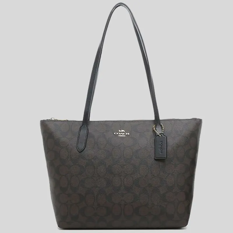 COACH Zip Top Tote In Signature Canvas Brown Black 4455