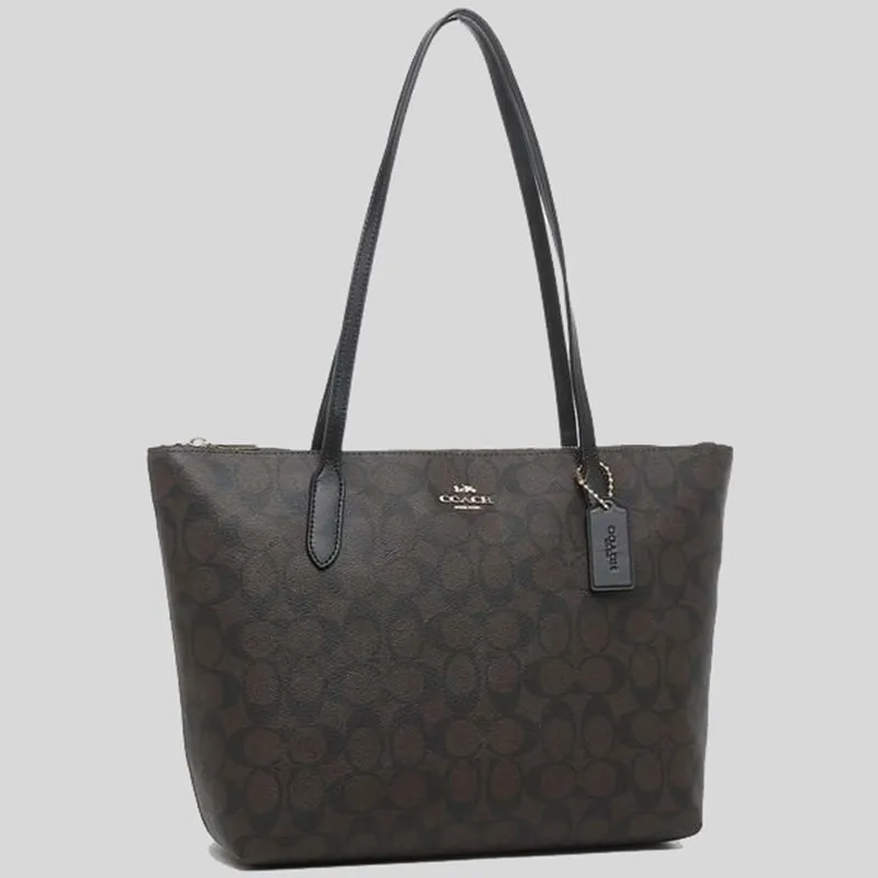 COACH Zip Top Tote In Signature Canvas Brown Black 4455