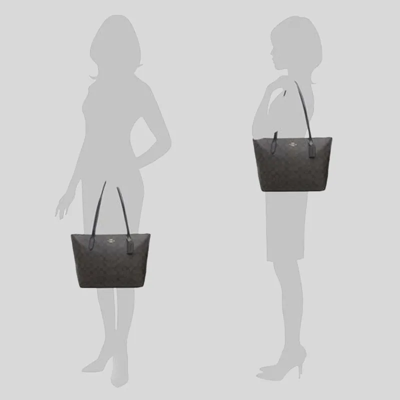 COACH Zip Top Tote In Signature Canvas Brown Black 4455