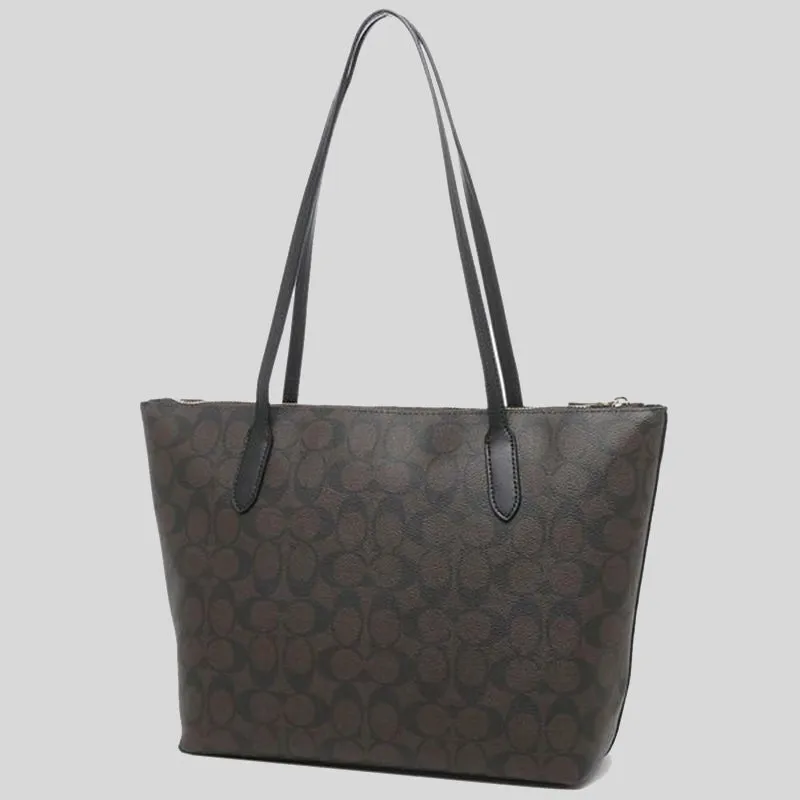 COACH Zip Top Tote In Signature Canvas Brown Black 4455