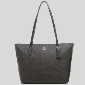 COACH Zip Top Tote In Signature Canvas Brown Black 4455