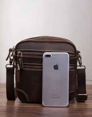 Coffee Leather Mens Small Messenger Bag Cool Mini Side Bag Belt Bag for men