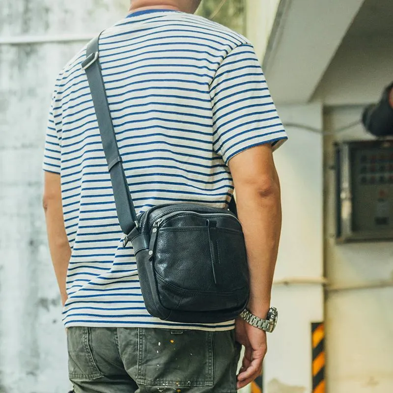 Cool Black Leather Men Small Square Side Bags Tan Fashion Messenger Bag Postman Bag For Men